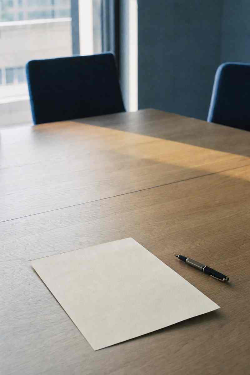 Een vel papier en een pen op een lange houten vergadertafel met blauwe stoelen