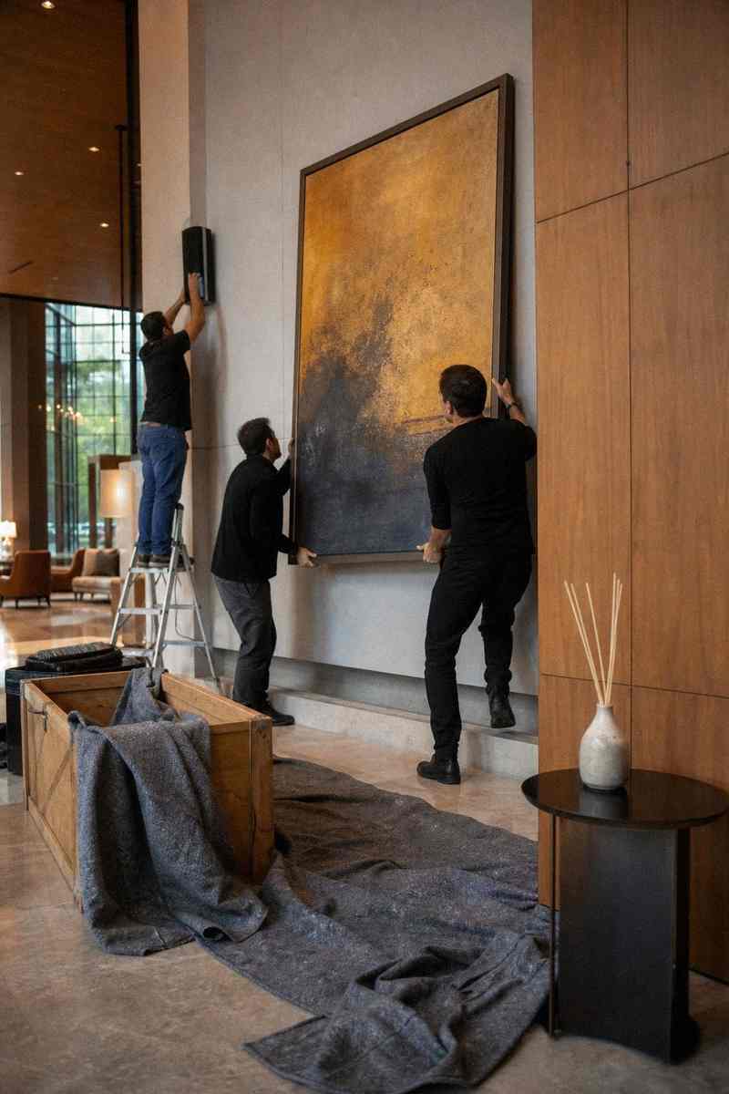 Drie mannen hangen een groot ingelijst werk op in een lobby